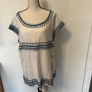 Bob Timberlake New W/ Tags  White with Navy and Teal Embroidery Boho Top- Size L